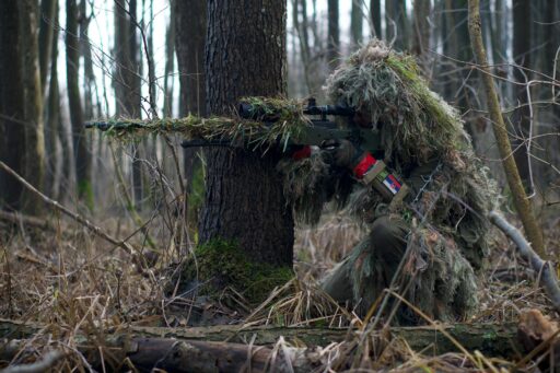 An image depicting a camouflaged sniper representing the stealth of Guerrilla marketing with a domain name as the central element of a dynamic guerrilla marketing campaign.