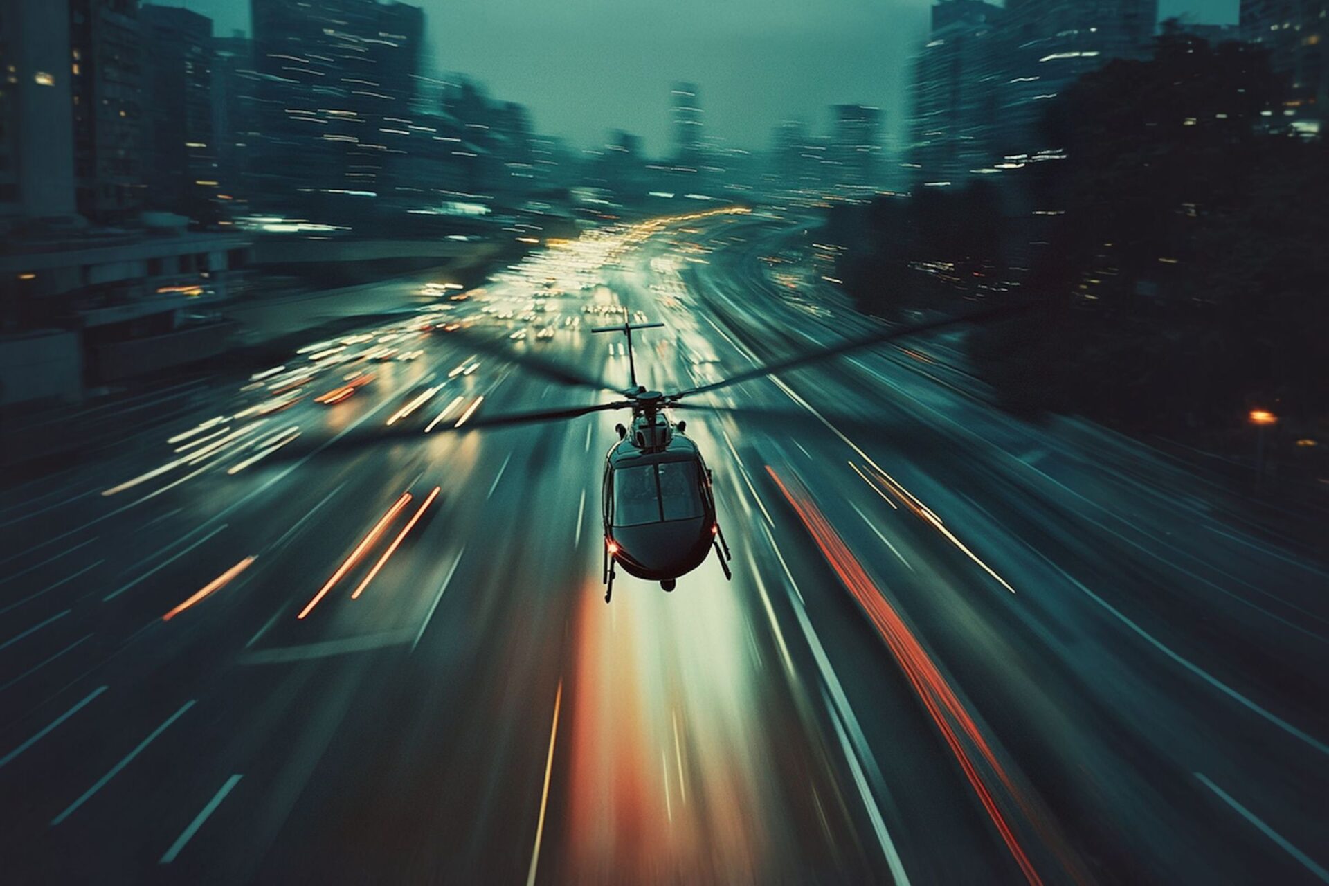 A speeding helicopter representing urgency, high performance, and action-oriented collaboration.
